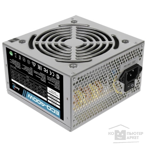 Блок питания Aerocool 400W Retail ECO-400W ATX v2.3 Haswell, fan 12cm, 400mm cable, power cord, 20+4P, 12V 4P, 1x PCI-E 6P, 2x SATA, 2x PATA, 1x FDD