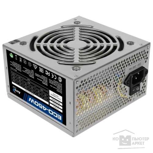 Блок питания Aerocool 450W Retail ECO-450W ATX v2.3 Haswell, fan 12cm, 400mm cable, power cord, 20+4P, 12V 4P, 1x PCI-E 6P, 2x SATA, 2x PATA, 1x FDD