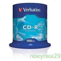 Диск 43411 Диски CD-R Verbatim 100 шт. 48/52-x 700Mb, Cake Box