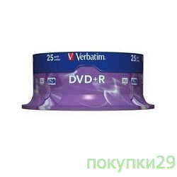 Диск 43500 Диски DVD+R Verbatim 4.7Gb 16х, 25 шт, Cake Box