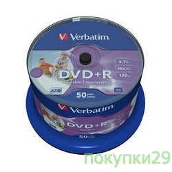 Диск 43512 Диски DVD+R Verbatim 4.7Gb 16-х, Wide Photo InkJet Printable,  50 шт, Cake Box