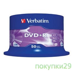 Диск 43550 Диски DVD+R Verbatim 4.7Gb 16-х , 50 шт, Cake Box