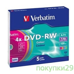 Диск 43563 Verbatim Диск DVD-RW 4x, Colour, Slim, 5шт